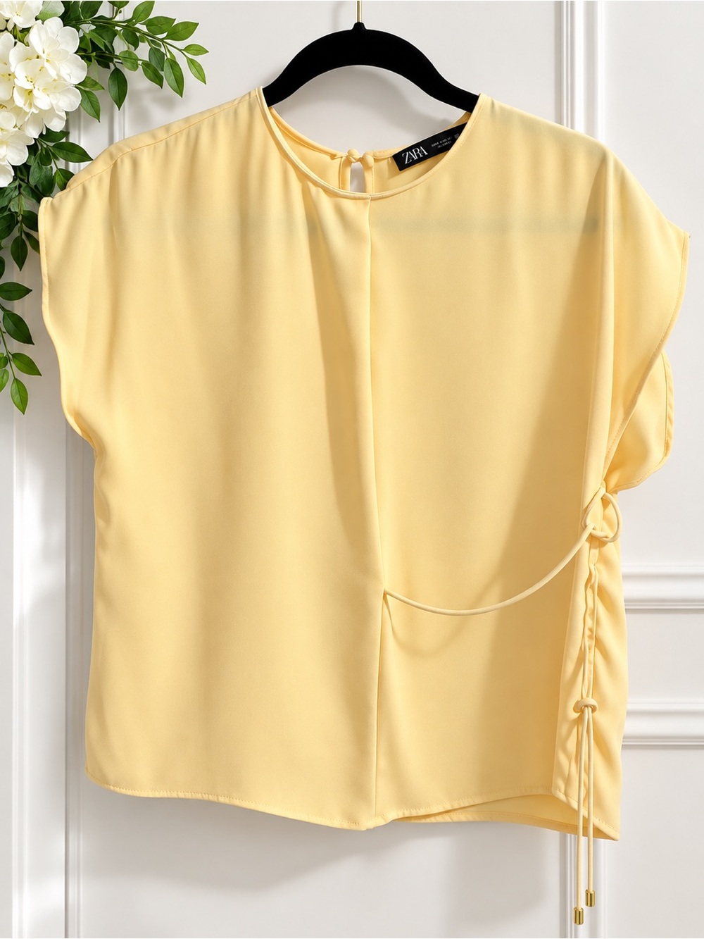 ZARA Butter Yellow Side Tie Draped Blouse Top XS